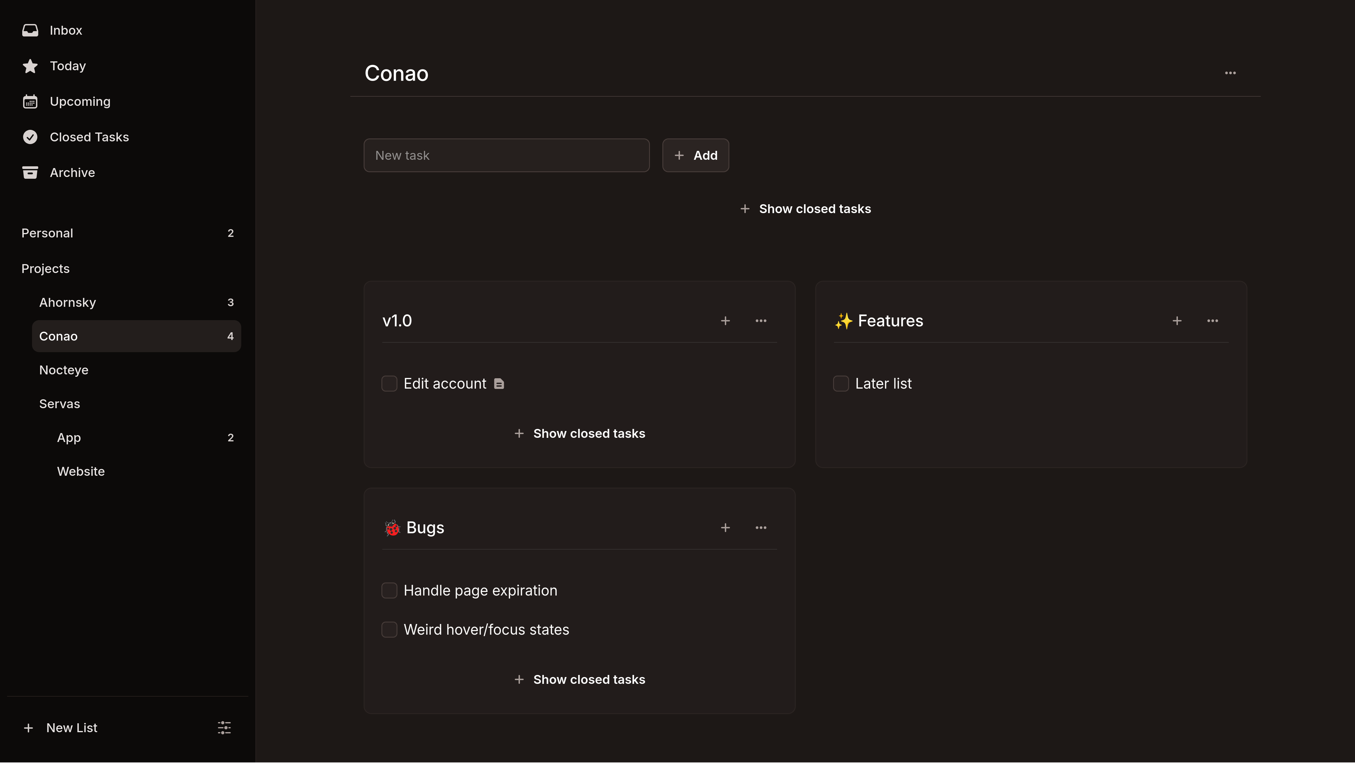 Conao task list view